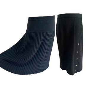 80s LOT OF 2 SKIRTS 1, PENCIL W RHINESTONE BUTTONS 2. YOKE TOP W KNIFE PLEATS